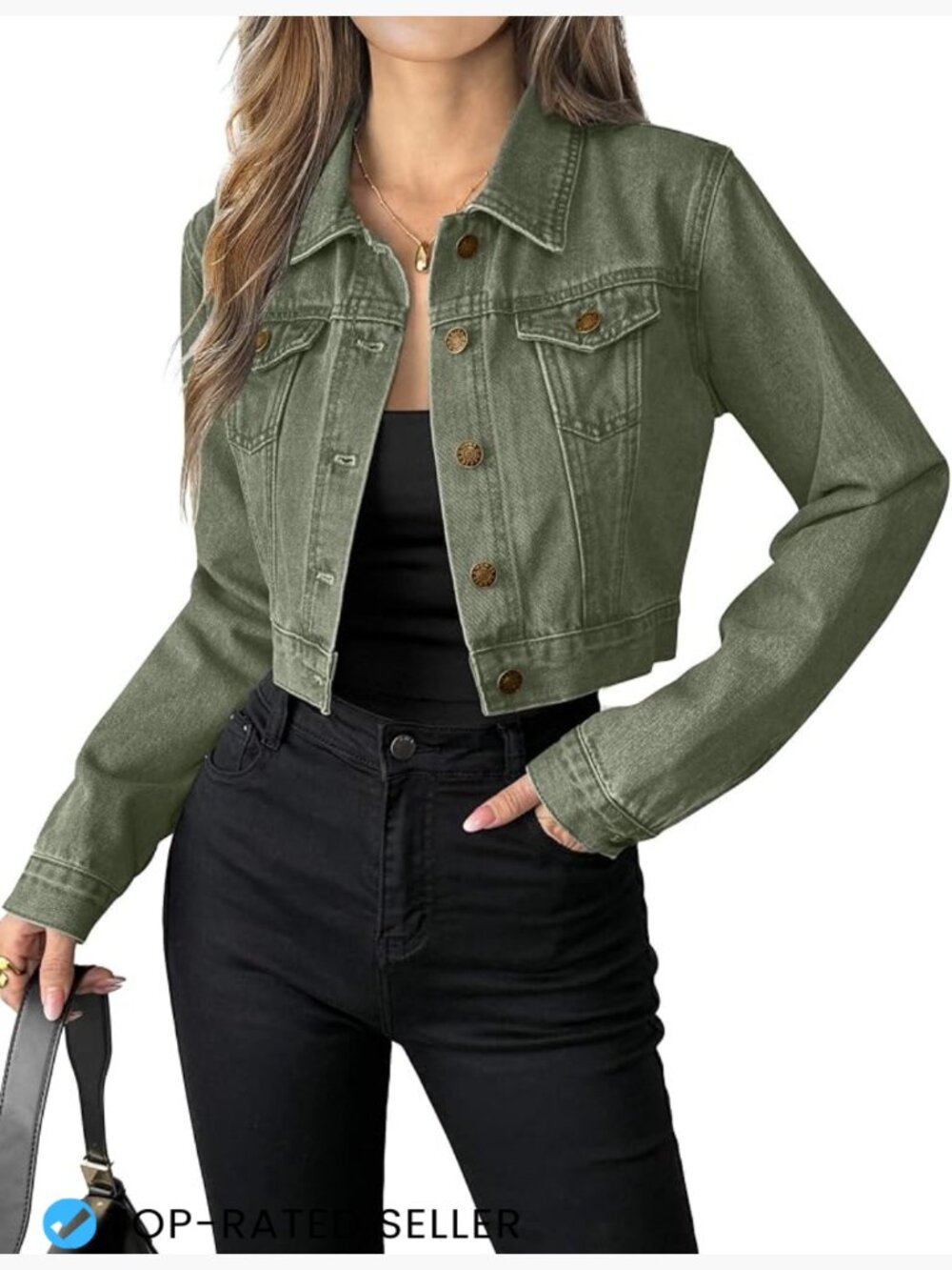 Cropped Denim Jacket for Women Button Down Long Sleeve Classic Chic